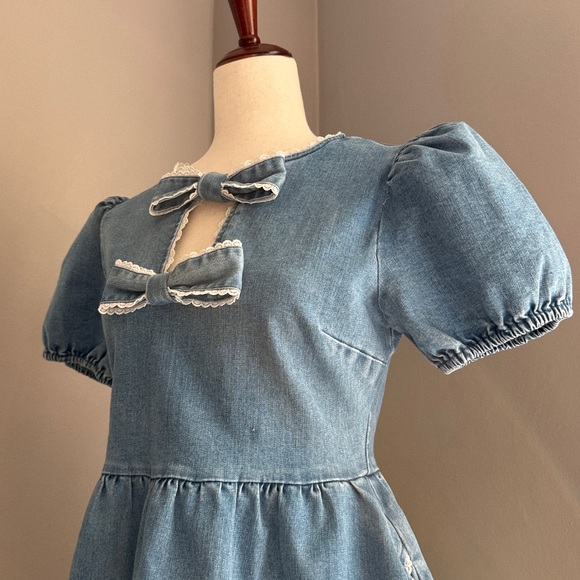Endless Blu 🦋 Tencell Denim Mini Dress Bow S M L Coquette Cotton - Picture 13 of 13